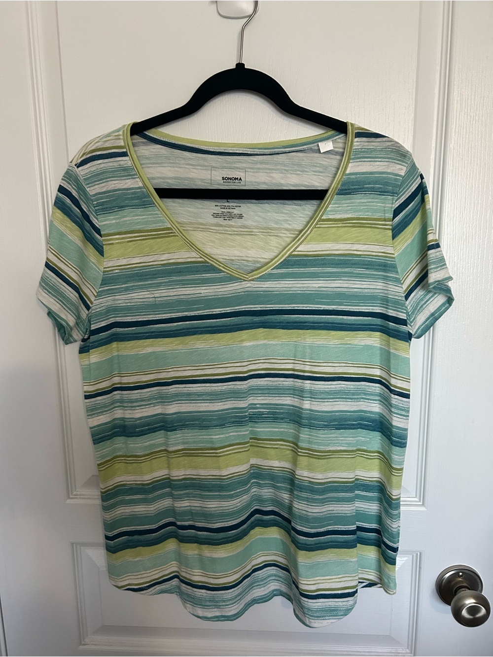 Sonoma Striped V-Neck Tee in Teal, Aqua & Lime